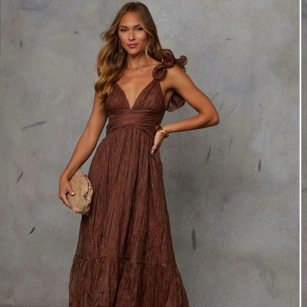 Rustic Views Pleated Chiffon Maxi Dress in Brown